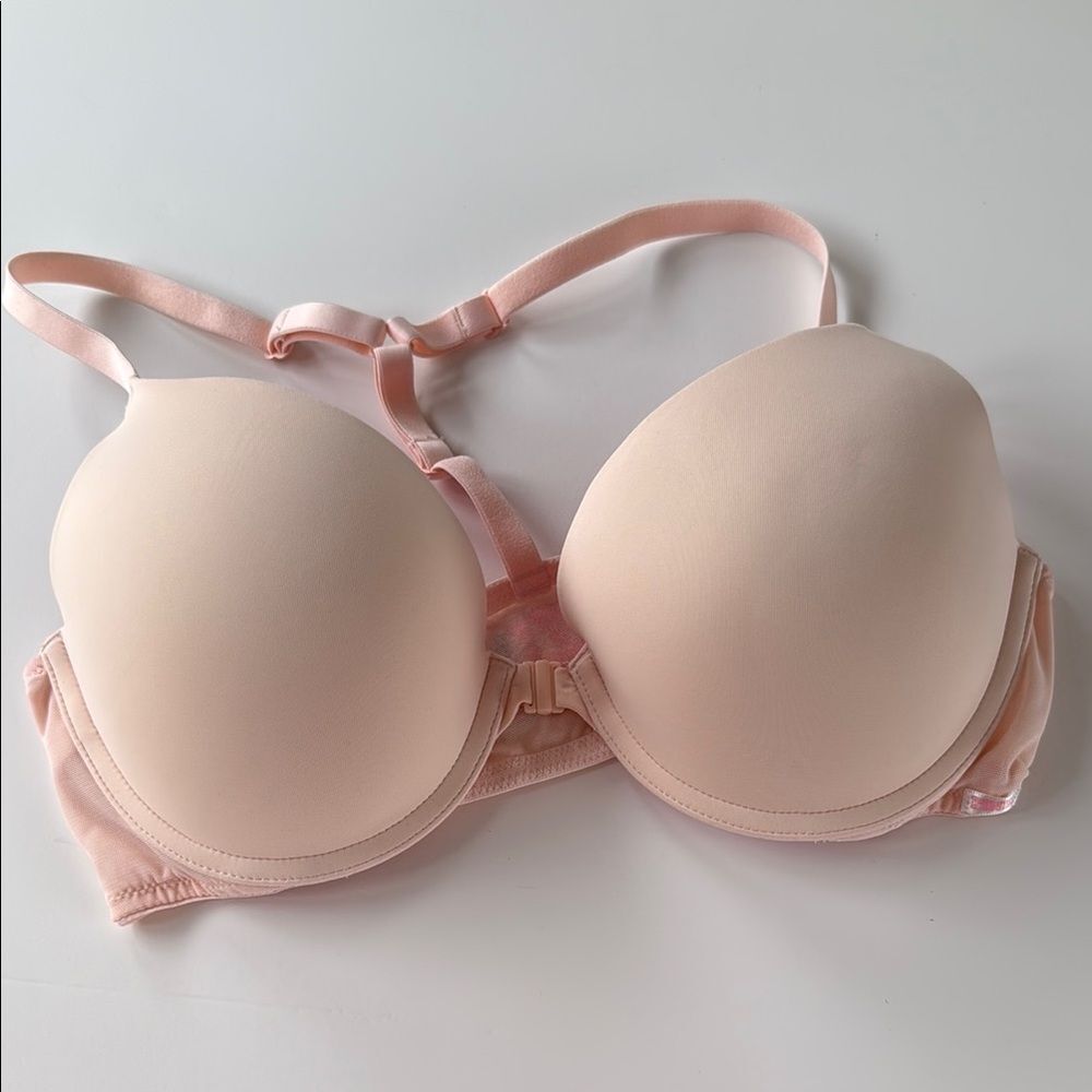 PINK VICTORIA'S SECRET EMBROIDERED BLUSH PINK PUSHUP BRA T BACK 36C SEAMLESS